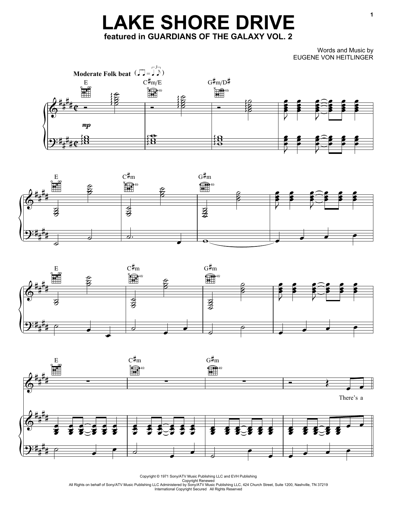 Eugene Von Heitlinger Lake Shore Drive sheet music notes and chords arranged for Piano, Vocal & Guitar Chords (Right-Hand Melody)