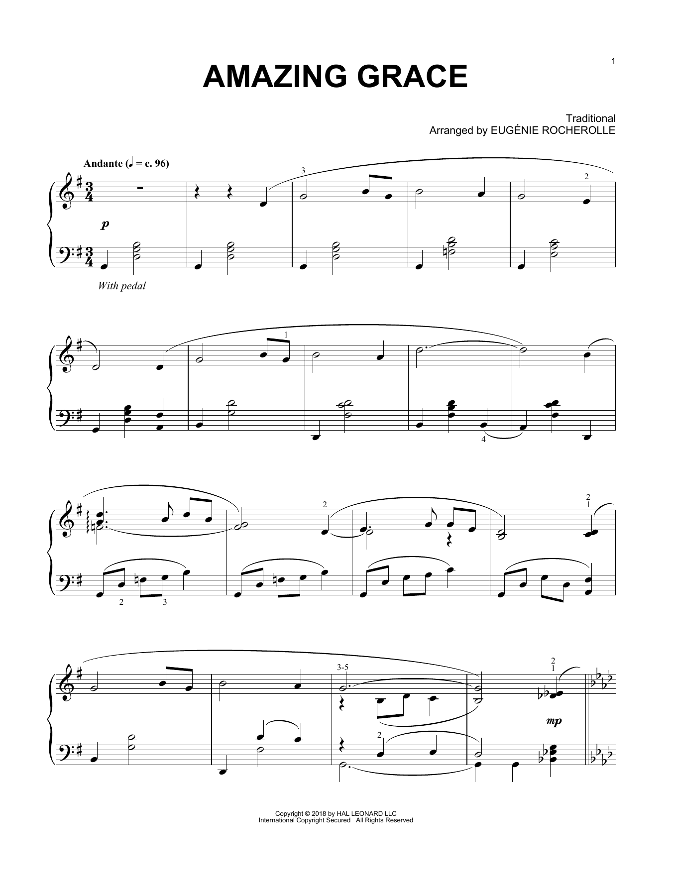 Eugénie Rocherolle Amazing Grace (arr. Eugénie Rocherolle) sheet music notes and chords arranged for Piano Solo