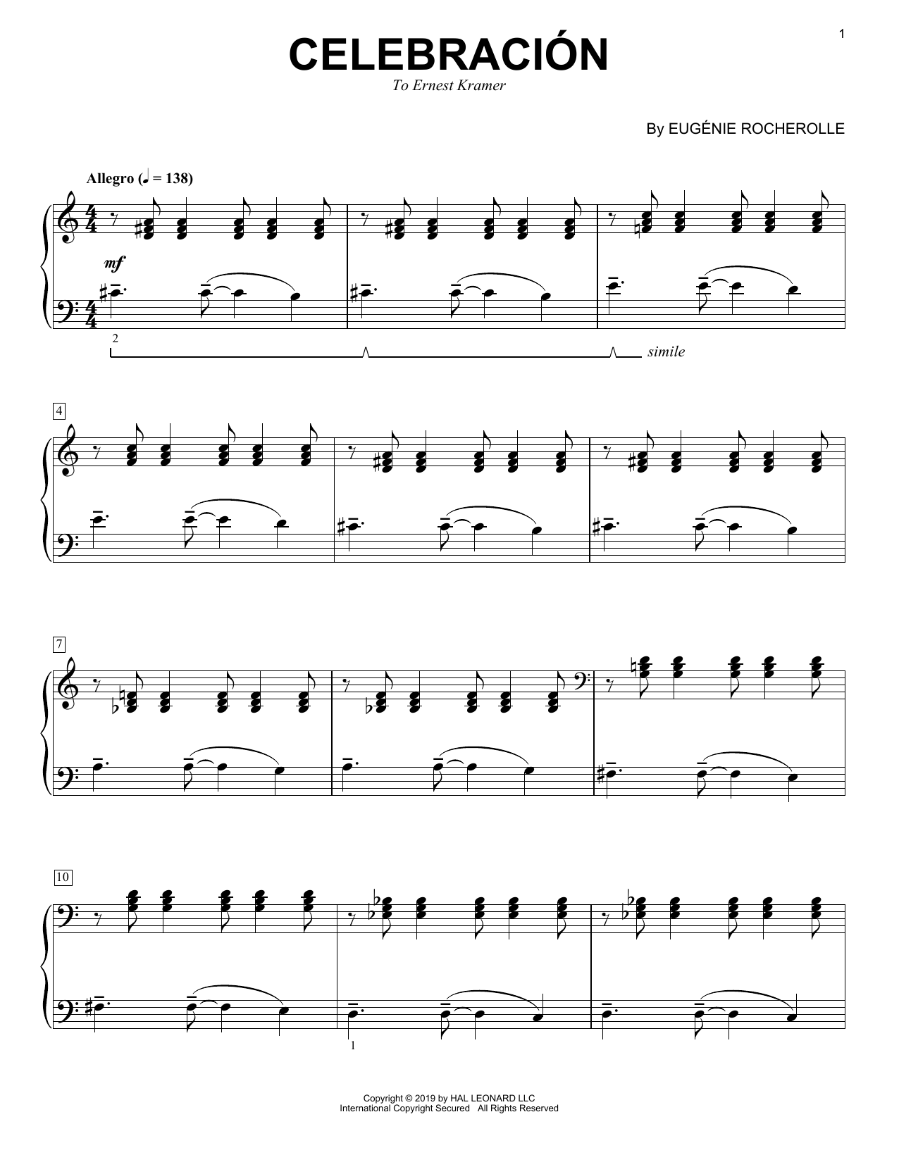 Eugénie Rocherolle Celebracion sheet music notes and chords arranged for Piano Solo