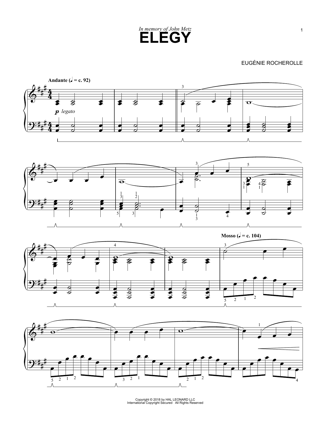 Eugénie Rocherolle Elegy sheet music notes and chords arranged for Piano Solo