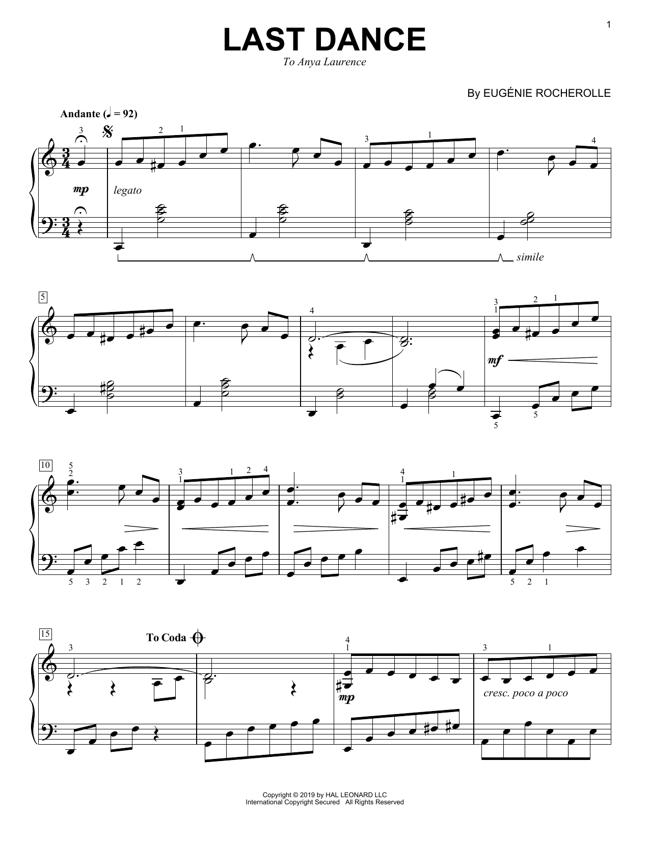 Eugénie Rocherolle Last Dance sheet music notes and chords arranged for Piano Solo