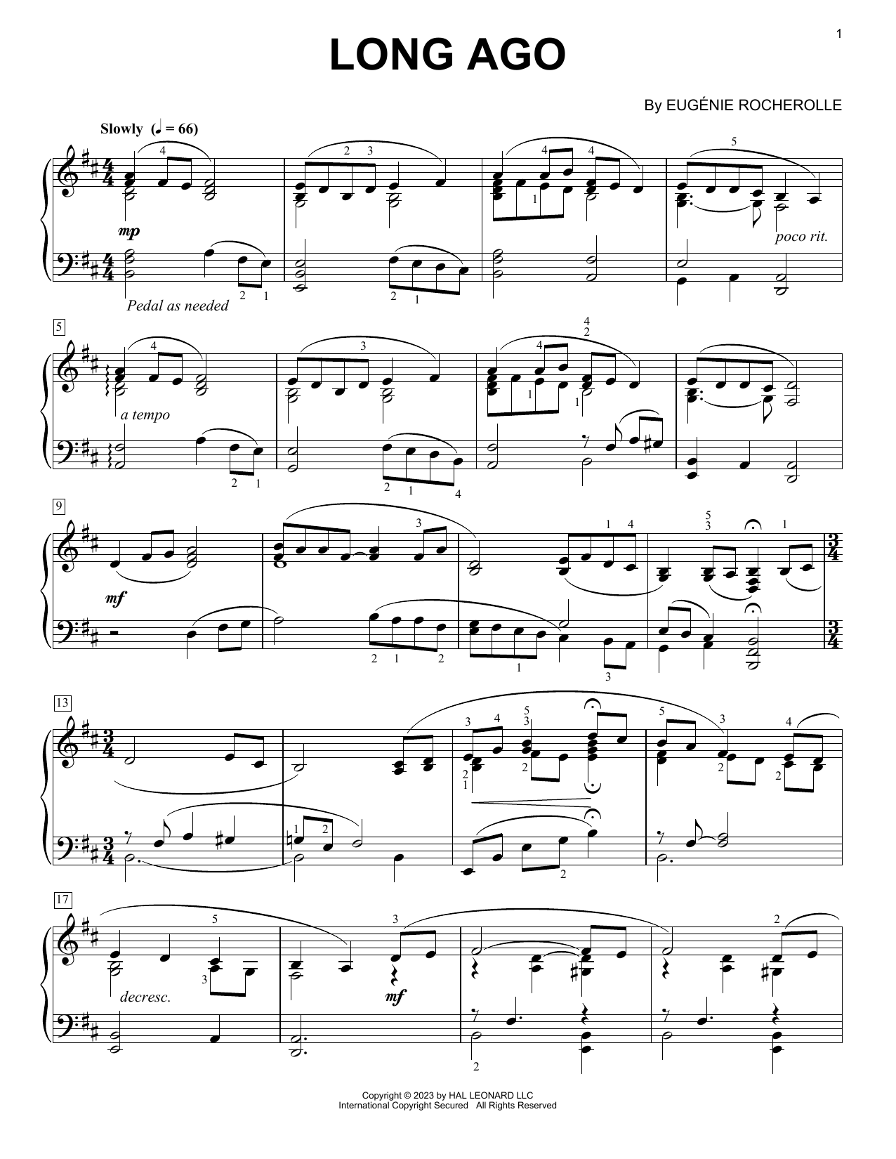 Eugénie Rocherolle Long Ago sheet music notes and chords arranged for Piano Solo