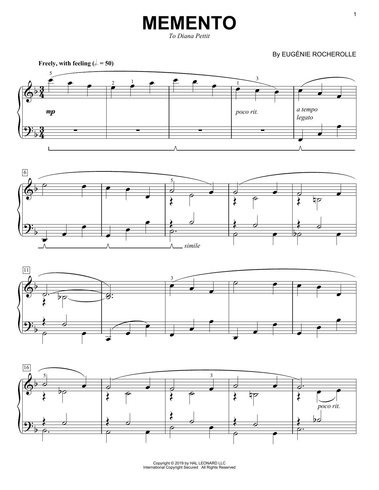 Eugénie Rocherolle Memento sheet music notes and chords arranged for Piano Solo