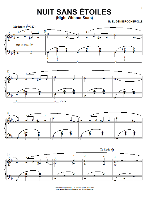 Eugénie Rocherolle Nuit Sans Etoiles (Night Without Stars) sheet music notes and chords arranged for Piano Solo