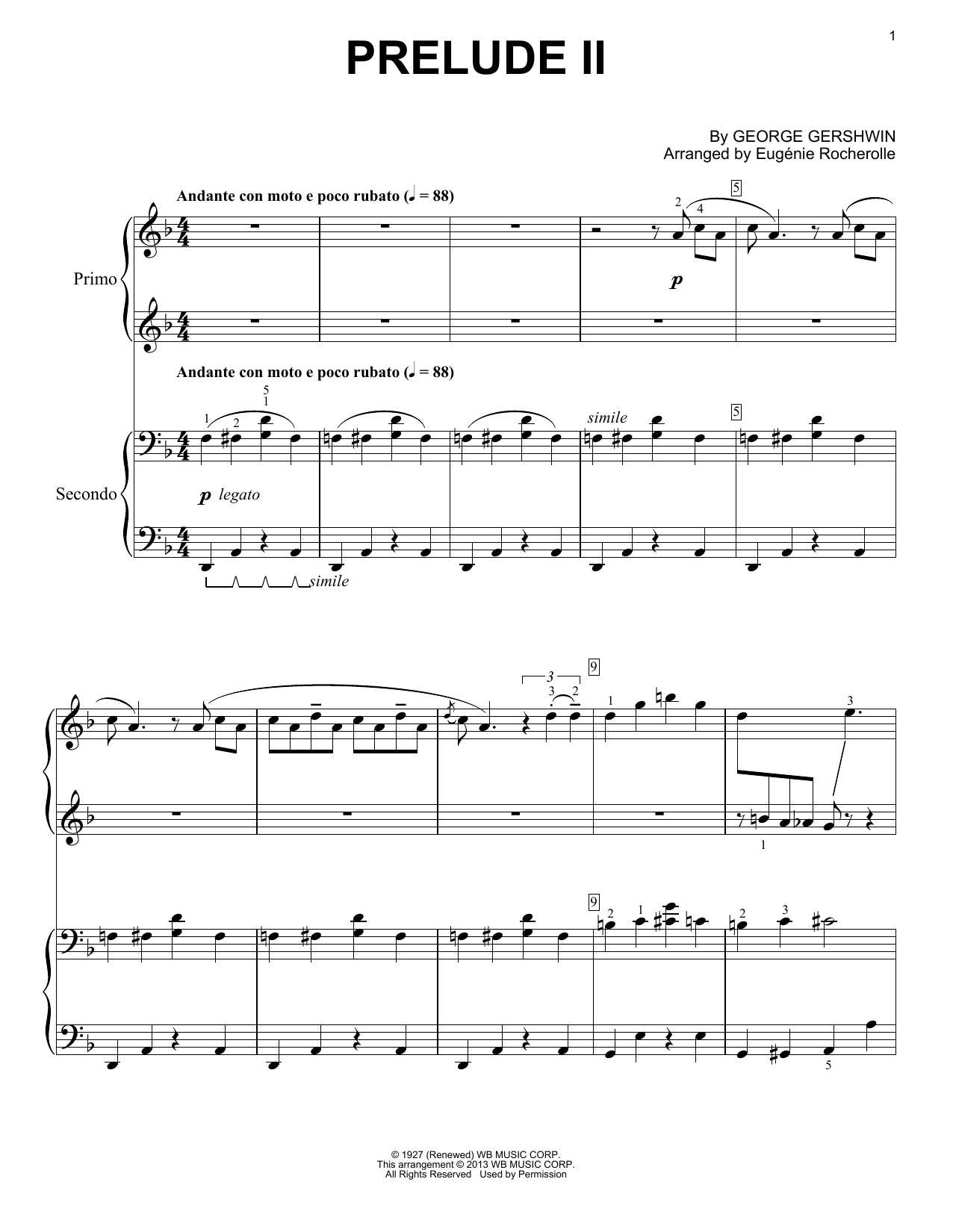 Eugénie Rocherolle Prelude II (Andante Con Moto E Poco Rubato) sheet music notes and chords arranged for Piano Duet
