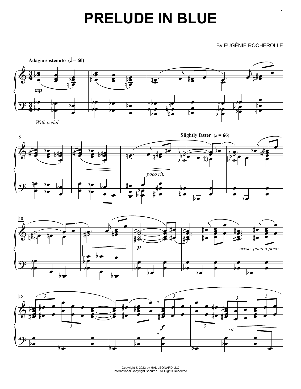 Eugénie Rocherolle Prelude In Blue sheet music notes and chords arranged for Piano Solo
