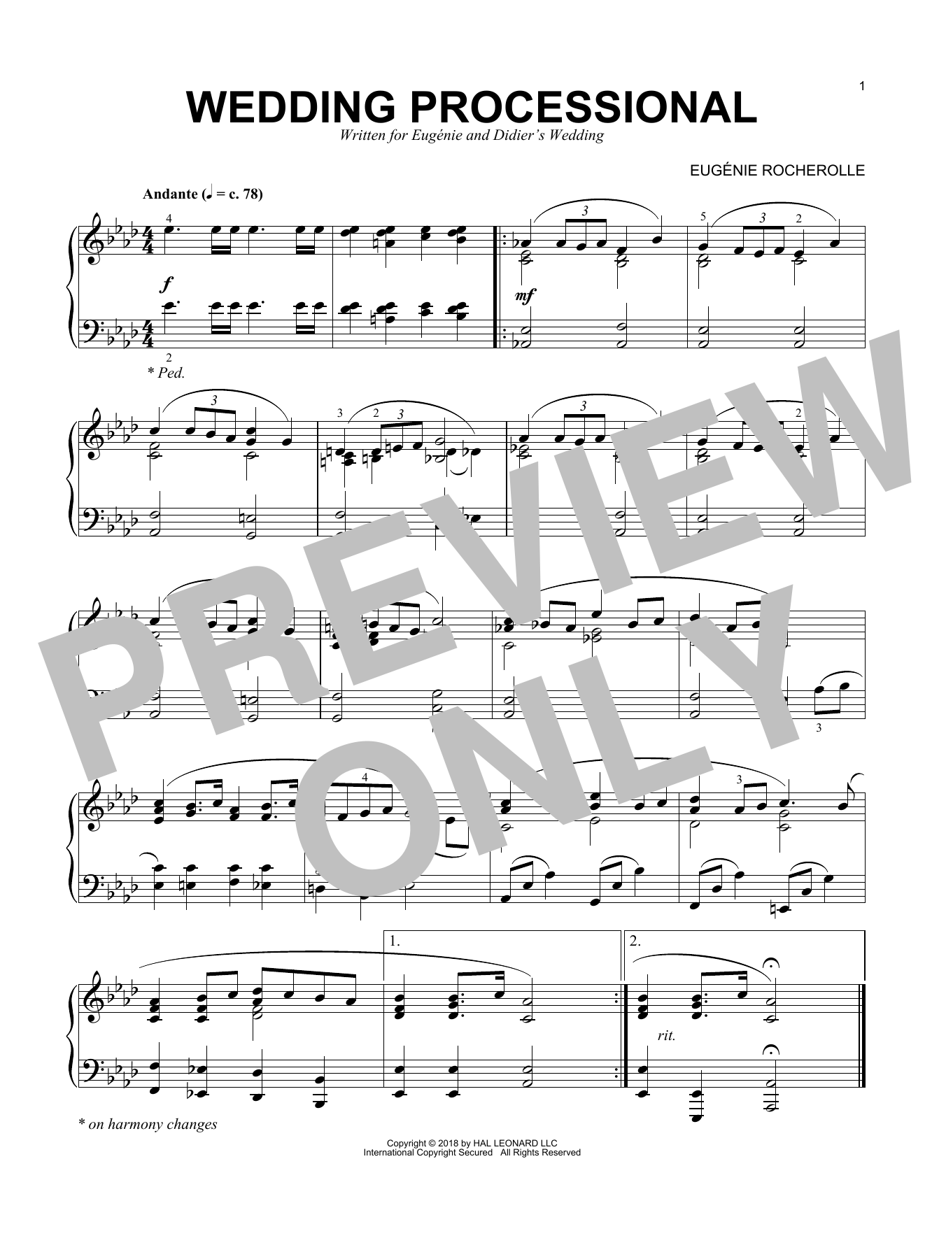 Eugénie Rocherolle Wedding Processional sheet music notes and chords arranged for Piano Solo