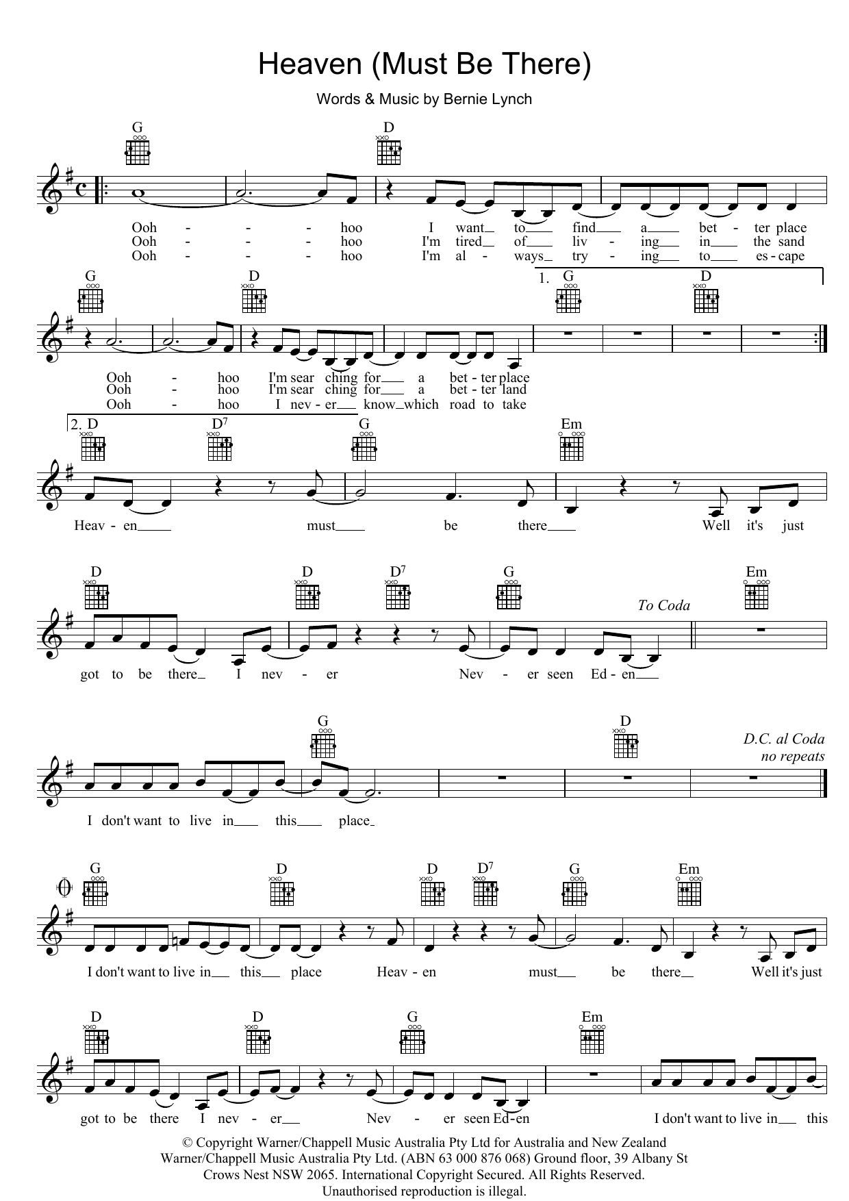 Eurogliders Heaven (Must Be There) sheet music notes and chords arranged for Lead Sheet / Fake Book