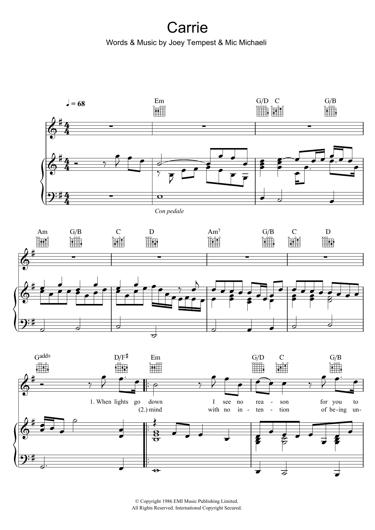 Europe Carrie sheet music notes and chords arranged for Piano, Vocal & Guitar Chords