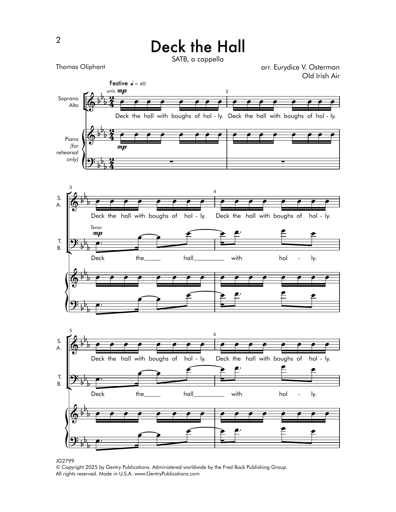 Eurydice V. Osterman Deck The Hall sheet music notes and chords arranged for SATB Choir