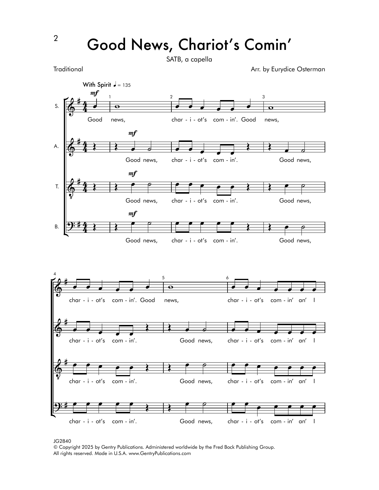 Eurydice V. Osterman Good News, Chariot's Comin' sheet music notes and chords arranged for SATB Choir