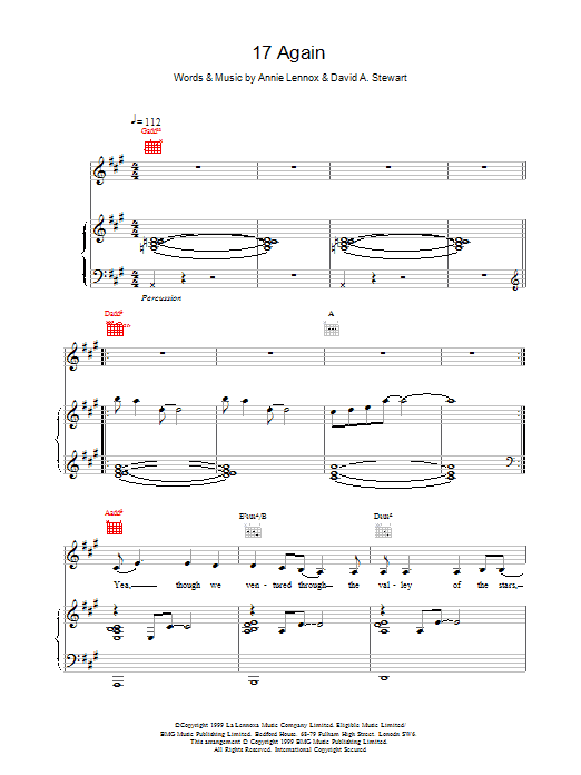 Eurythmics 17 Again sheet music notes and chords arranged for Piano, Vocal & Guitar Chords