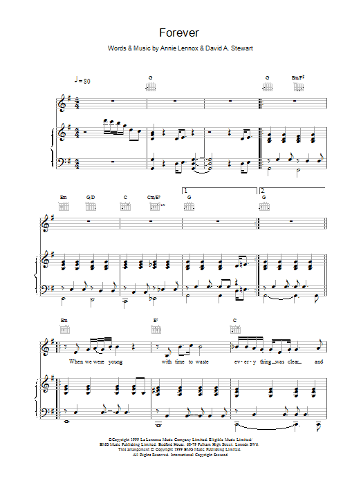 Eurythmics Forever sheet music notes and chords arranged for Piano, Vocal & Guitar Chords