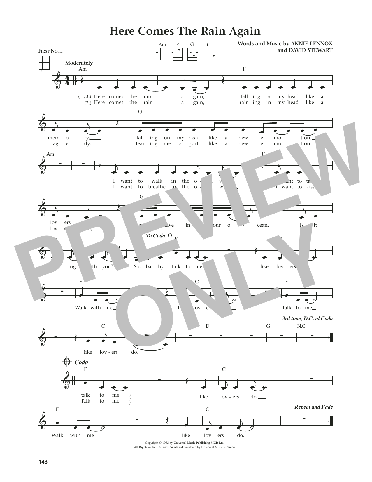 Eurythmics Here Comes The Rain Again (from The Daily Ukulele) (arr. Jim Beloff) sheet music notes and chords arranged for Ukulele