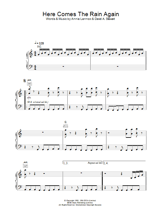 Eurythmics Here Comes The Rain Again sheet music notes and chords arranged for Guitar Chords/Lyrics