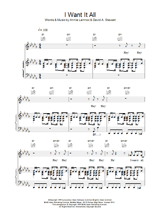 Eurythmics I Want It All sheet music notes and chords arranged for Piano, Vocal & Guitar Chords
