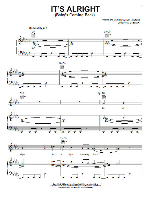 Eurythmics It's Alright (Baby's Coming Back) sheet music notes and chords arranged for Piano, Vocal & Guitar Chords (Right-Hand Melody)