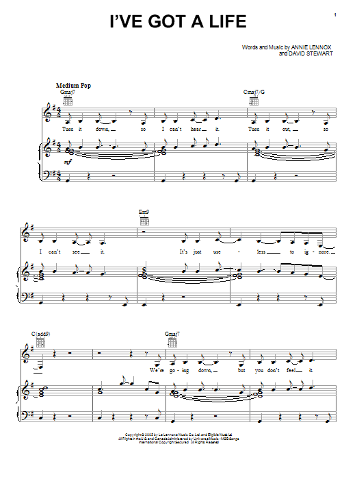 Eurythmics I've Got A Life sheet music notes and chords arranged for Piano, Vocal & Guitar Chords (Right-Hand Melody)