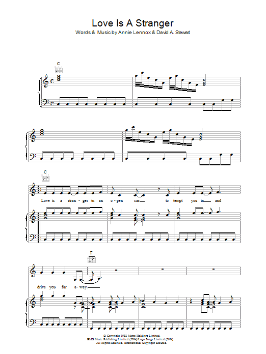 Eurythmics Love Is A Stranger sheet music notes and chords arranged for Piano, Vocal & Guitar Chords