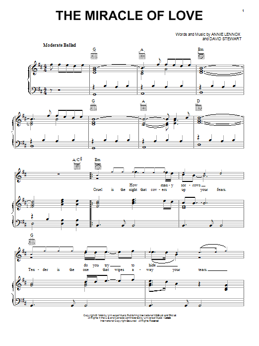 Eurythmics Miracle Of Love sheet music notes and chords arranged for Piano, Vocal & Guitar Chords (Right-Hand Melody)