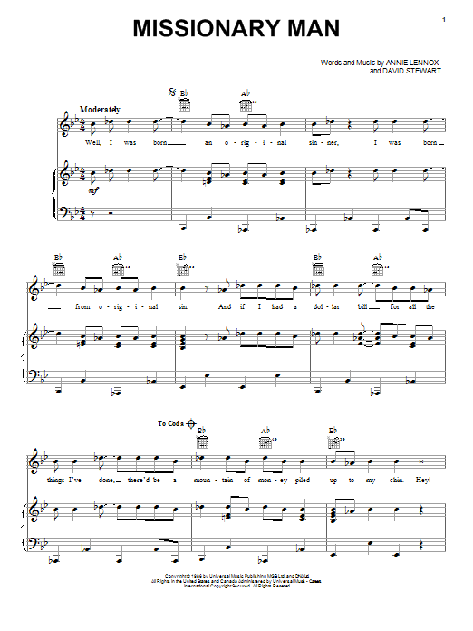 Eurythmics Missionary Man sheet music notes and chords arranged for Piano, Vocal & Guitar Chords (Right-Hand Melody)