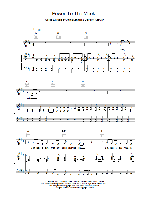 Eurythmics Power To The Meek sheet music notes and chords arranged for Piano, Vocal & Guitar Chords