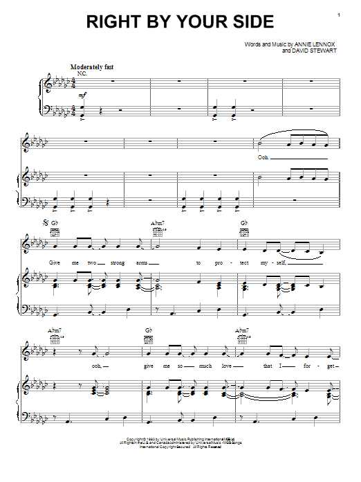 Eurythmics Right By Your Side sheet music notes and chords arranged for Piano, Vocal & Guitar Chords (Right-Hand Melody)