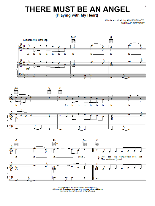Eurythmics There Must Be An Angel (Playing With My Heart) sheet music notes and chords arranged for Piano, Vocal & Guitar Chords (Right-Hand Melody)