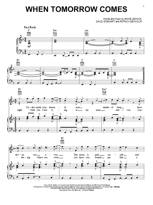 Eurythmics When Tomorrow Comes sheet music notes and chords arranged for Piano, Vocal & Guitar Chords (Right-Hand Melody)