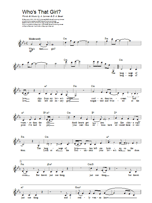 Eurythmics Who's That Girl? sheet music notes and chords arranged for Lead Sheet / Fake Book