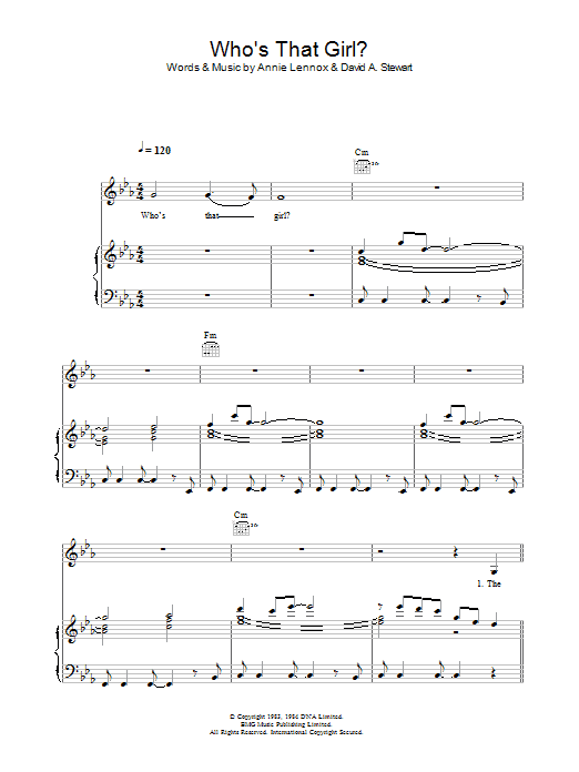 Eurythmics Who's That Girl? sheet music notes and chords arranged for Piano, Vocal & Guitar Chords