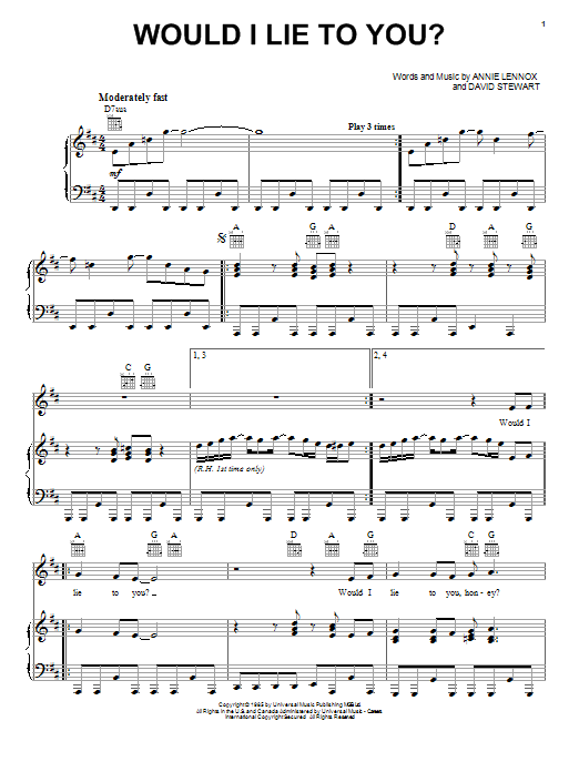 Eurythmics Would I Lie To You? sheet music notes and chords arranged for Piano, Vocal & Guitar Chords (Right-Hand Melody)