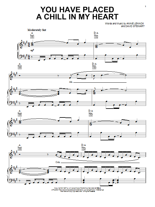 Eurythmics You Have Placed A Chill In My Heart sheet music notes and chords arranged for Piano, Vocal & Guitar Chords (Right-Hand Melody)