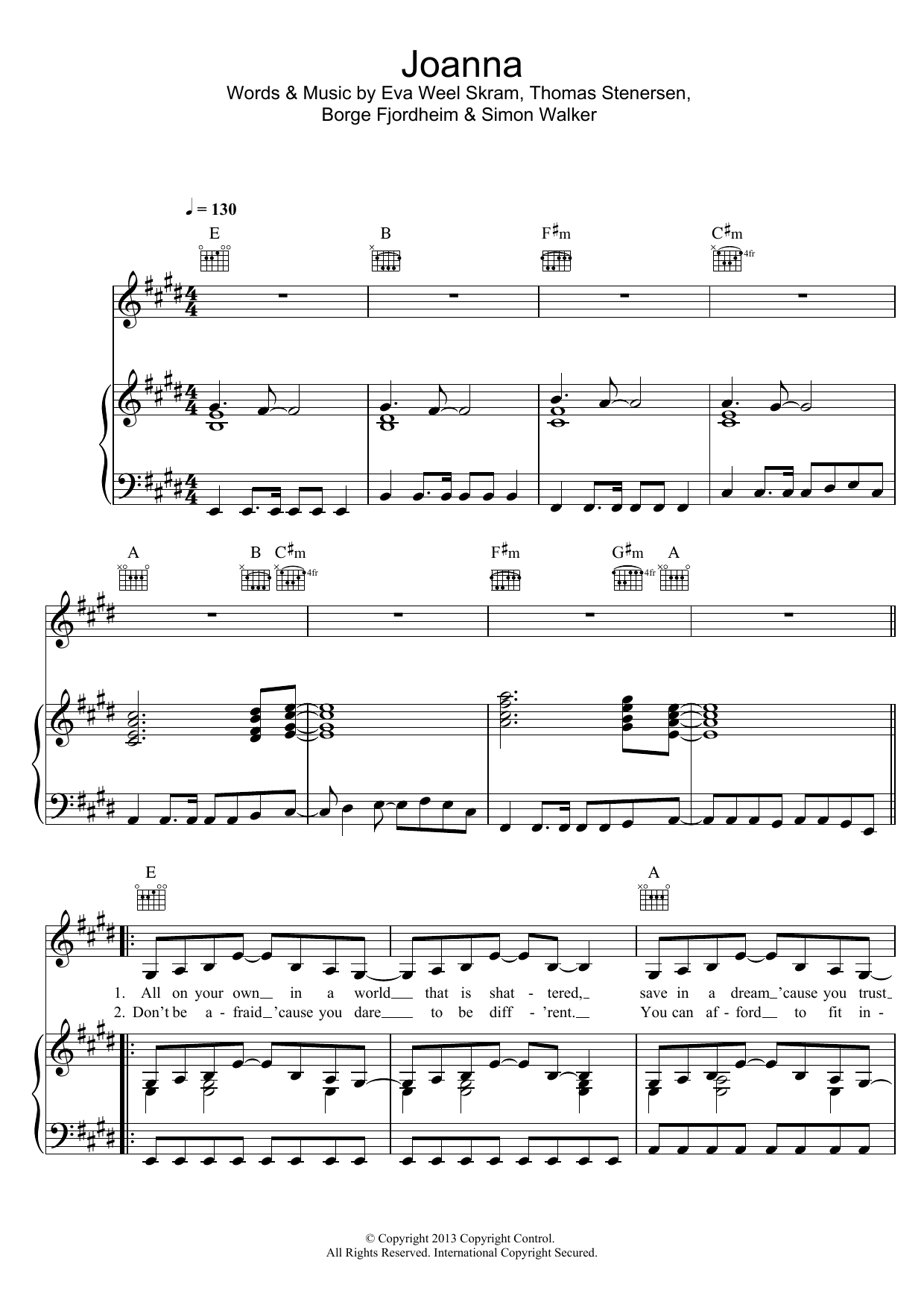 Eva & The Heartmaker Joanna sheet music notes and chords arranged for Piano, Vocal & Guitar Chords