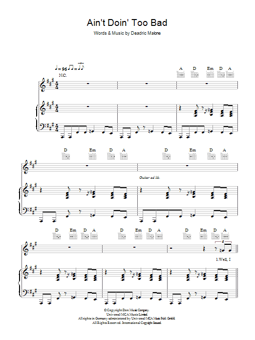 Eva Cassidy Ain't Doin' Too Bad sheet music notes and chords arranged for Piano, Vocal & Guitar Chords