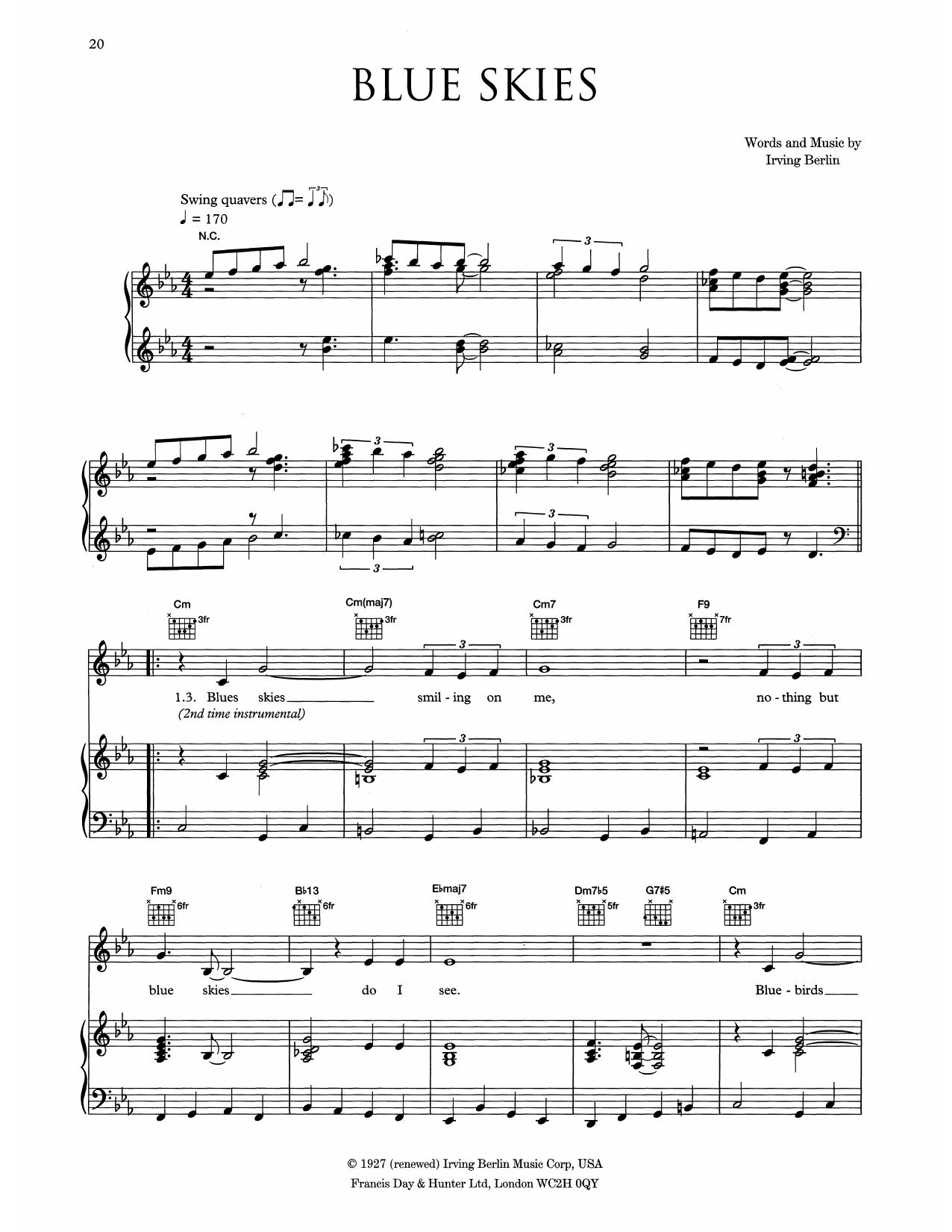 Eva Cassidy Blue Skies sheet music notes and chords arranged for Piano, Vocal & Guitar Chords (Right-Hand Melody)