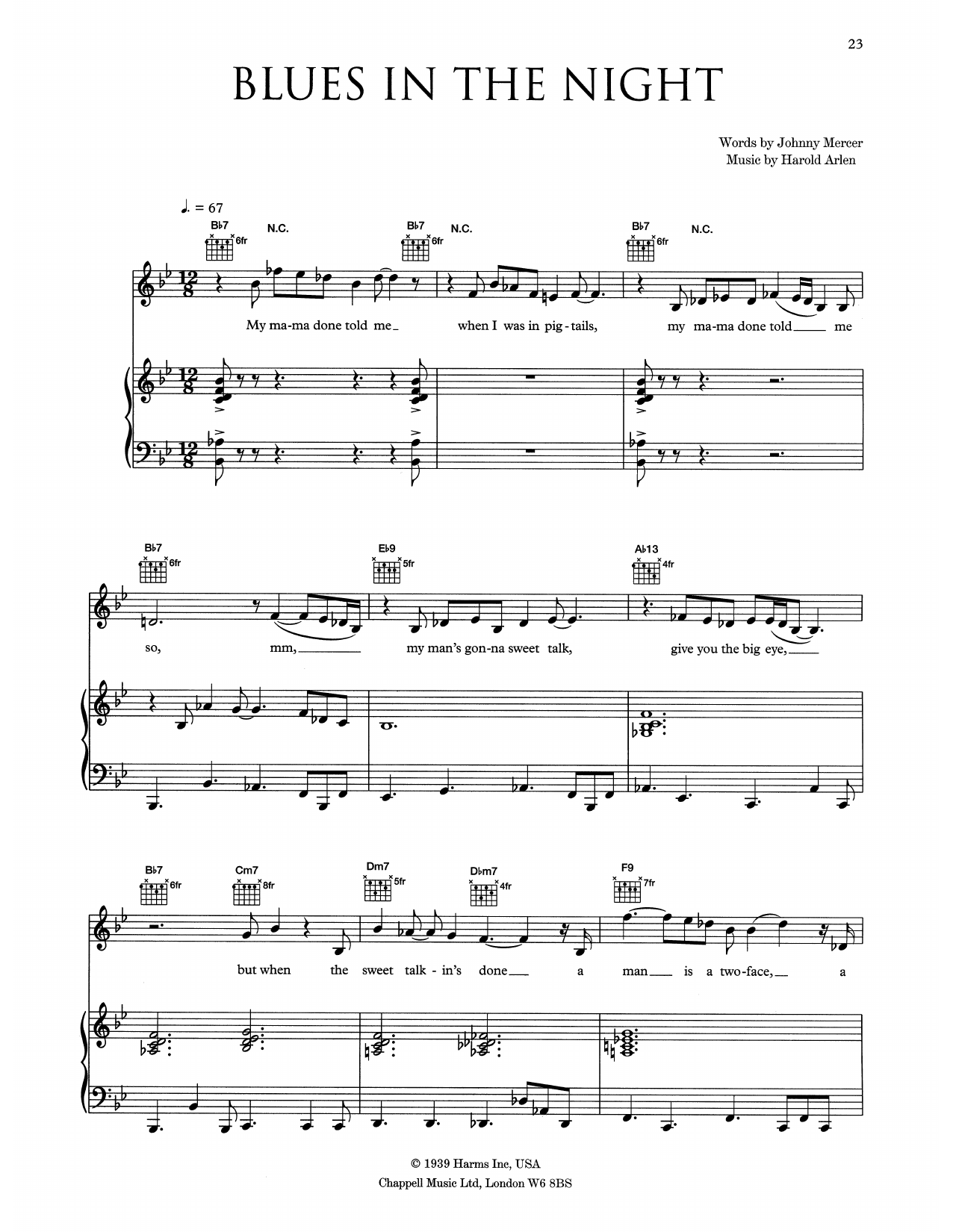 Eva Cassidy Blues In The Night sheet music notes and chords arranged for Piano, Vocal & Guitar Chords (Right-Hand Melody)