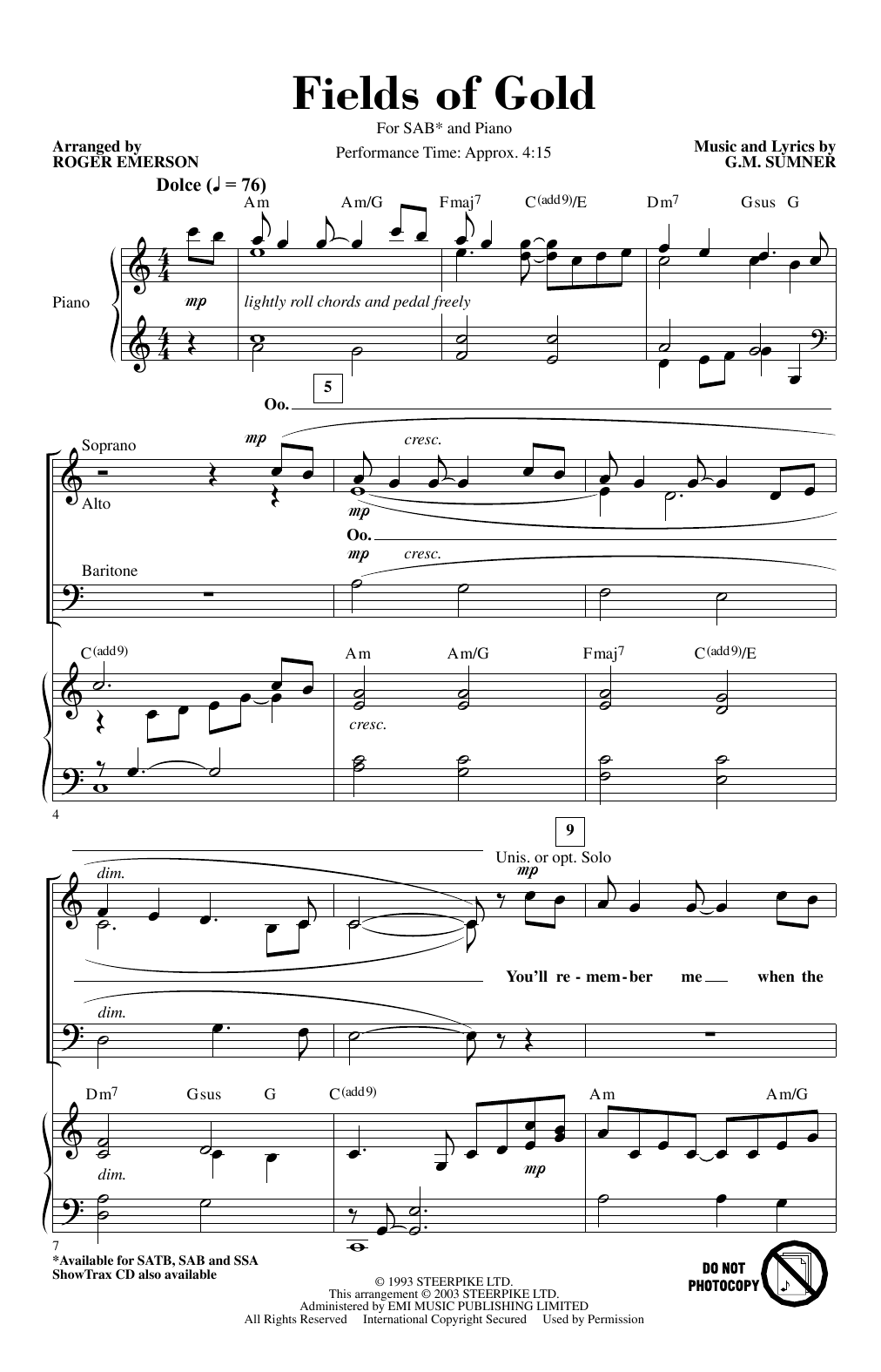 Eva Cassidy Fields Of Gold (arr. Roger Emerson) sheet music notes and chords arranged for SAB Choir