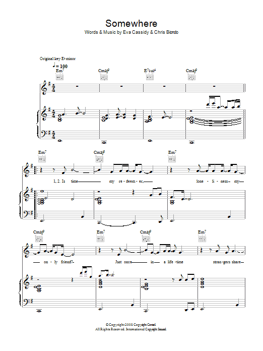 Eva Cassidy Somewhere sheet music notes and chords arranged for Piano, Vocal & Guitar Chords