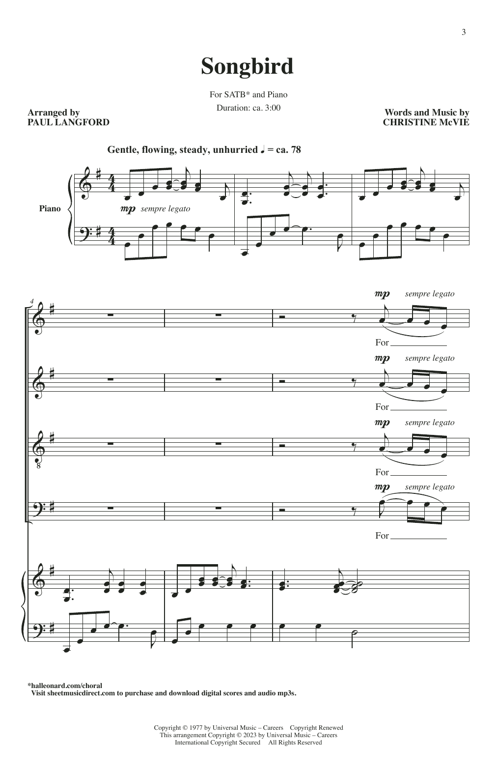 Eva Cassidy Songbird (arr. Paul Langford) sheet music notes and chords arranged for SATB Choir