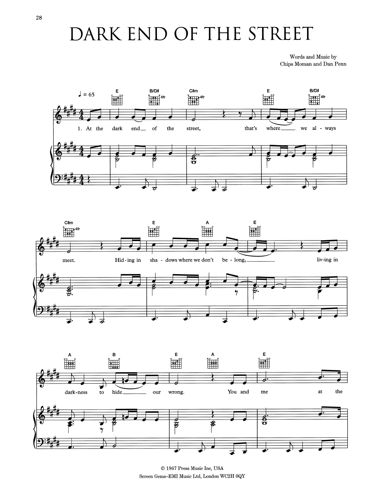 Eva Cassidy The Dark End Of The Street sheet music notes and chords arranged for Piano, Vocal & Guitar Chords (Right-Hand Melody)