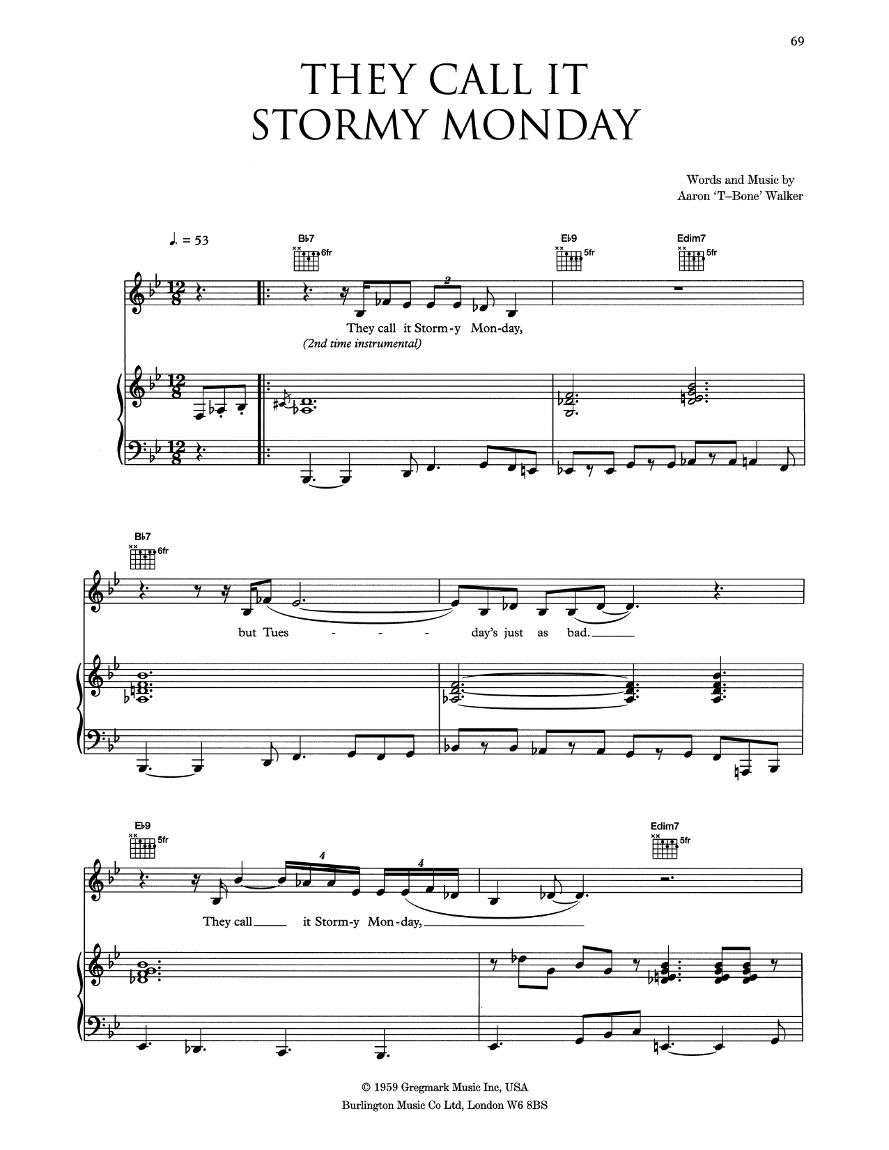 Eva Cassidy (They Call It) Stormy Monday (Stormy Monday Blues) sheet music notes and chords arranged for Piano, Vocal & Guitar Chords (Right-Hand Melody)