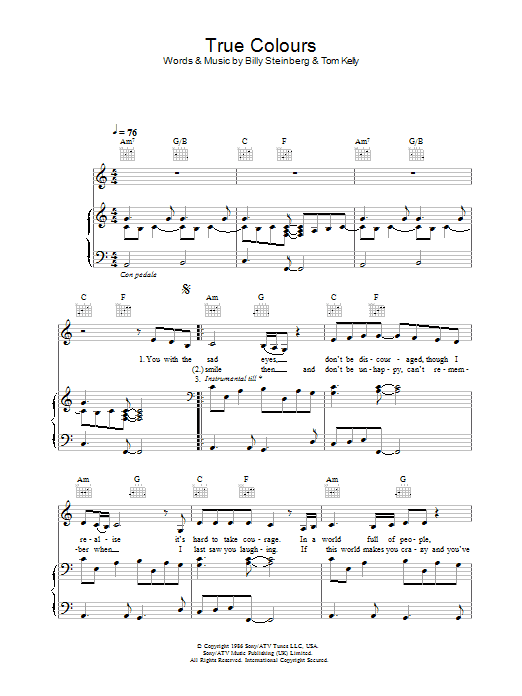 Eva Cassidy True Colours sheet music notes and chords arranged for Piano, Vocal & Guitar Chords