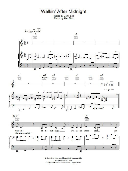 Eva Cassidy Walkin' After Midnight sheet music notes and chords arranged for Piano, Vocal & Guitar Chords