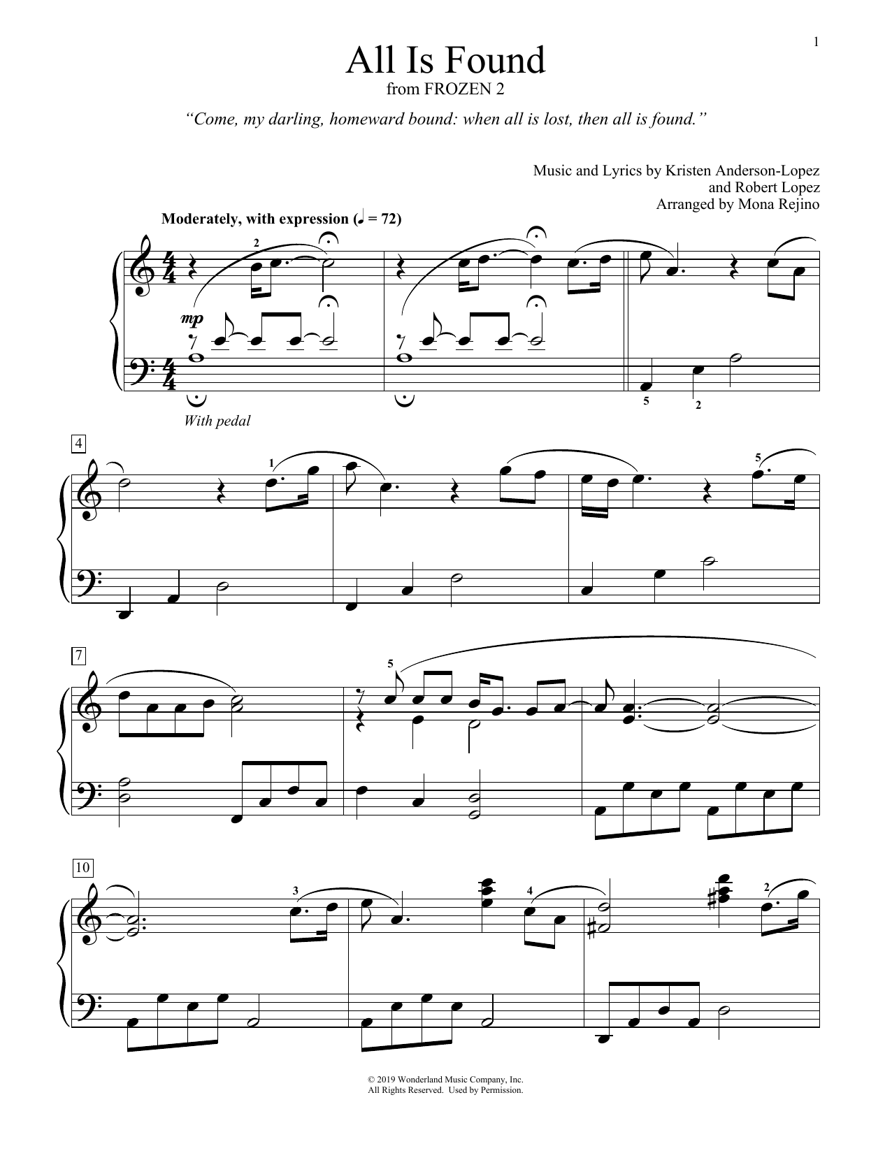 Evan Rachel Wood All Is Found (from Disney's Frozen 2) (arr. Mona Rejino) sheet music notes and chords arranged for Educational Piano