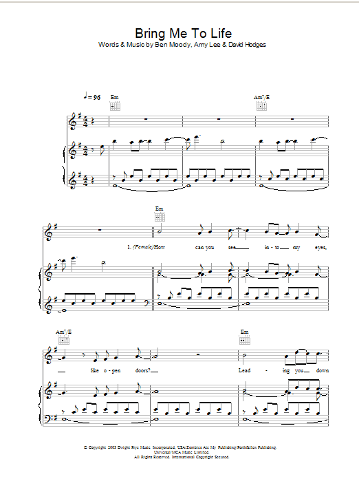 Evanescence Bring Me To Life sheet music notes and chords arranged for Piano, Vocal & Guitar Chords (Right-Hand Melody)