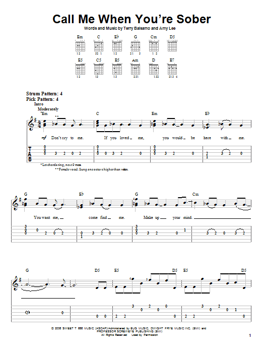 Evanescence Call Me When You're Sober sheet music notes and chords arranged for Easy Guitar Tab