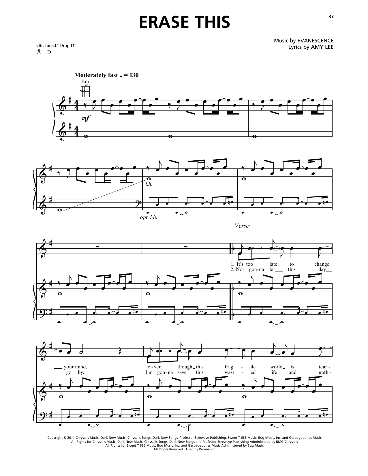 Evanescence Erase This sheet music notes and chords arranged for Piano, Vocal & Guitar Chords (Right-Hand Melody)
