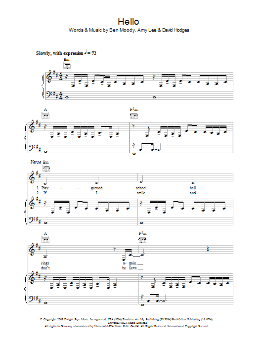 Evanescence Hello sheet music notes and chords arranged for Piano, Vocal & Guitar Chords