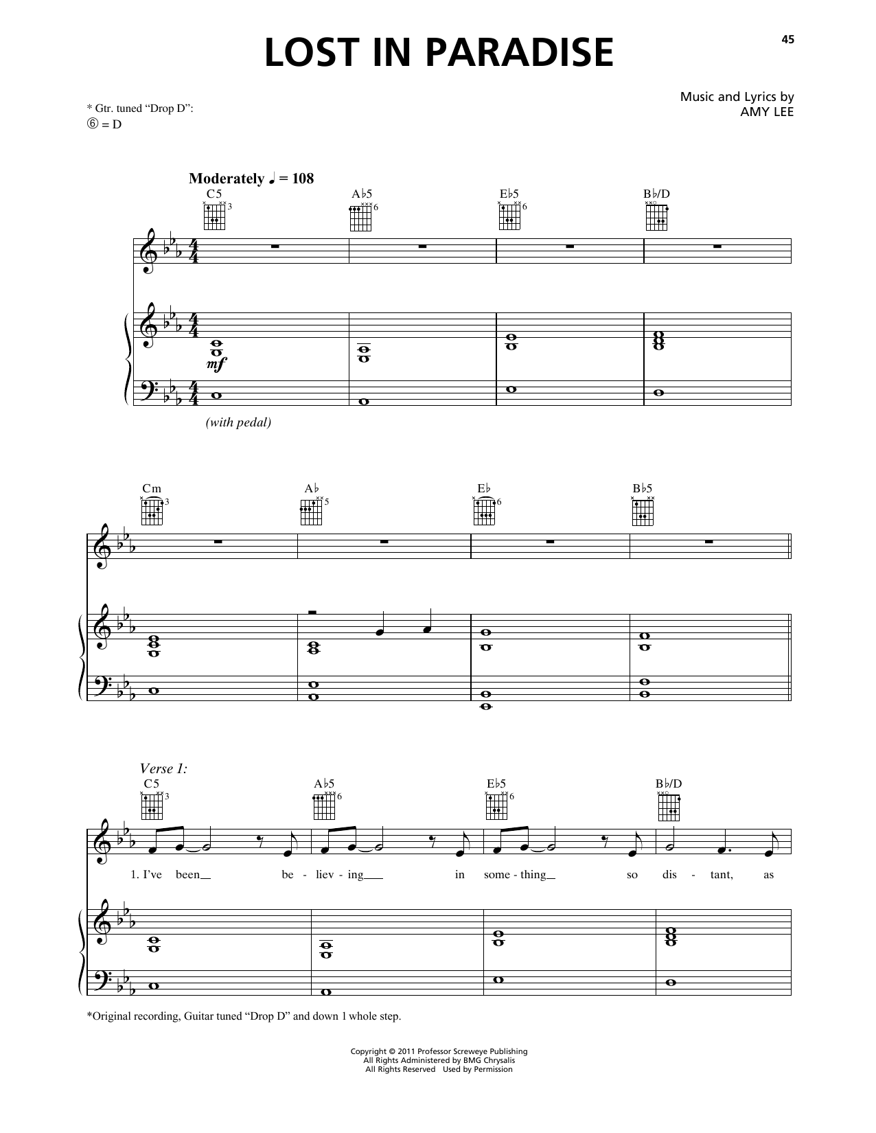 Evanescence Lost In Paradise sheet music notes and chords arranged for Piano, Vocal & Guitar Chords (Right-Hand Melody)